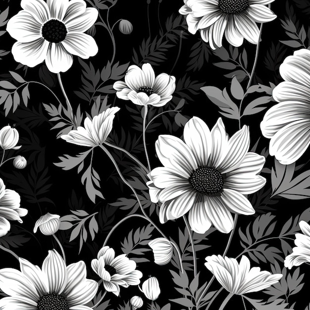 A black and white floral pattern with a black background.