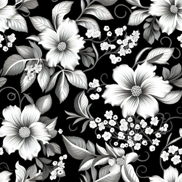 Black and white floral pattern with flowers on a black background.