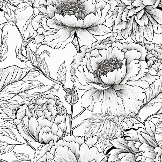 a black and white floral pattern with flowers and leaves generative ai