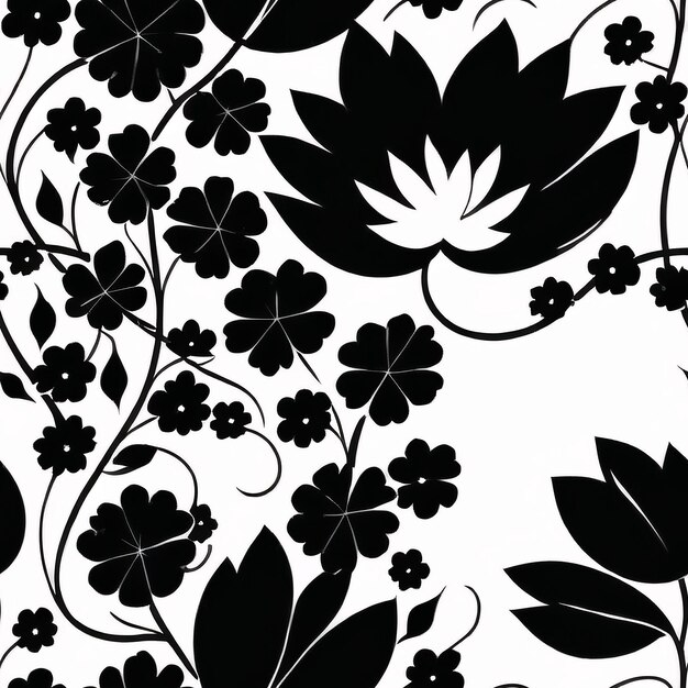 A black and white floral pattern with flowers and leaves.