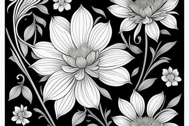 A black and white floral pattern with flowers.