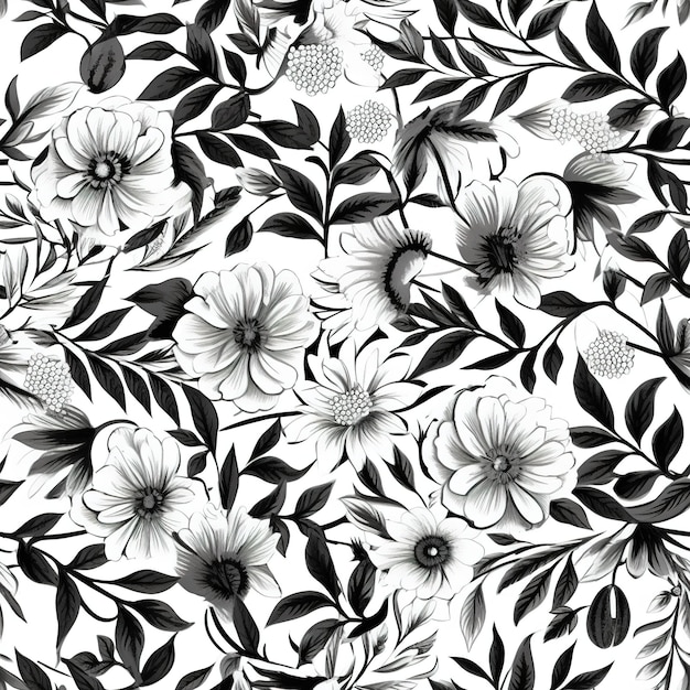 A black and white floral pattern with a leaf and flowers.