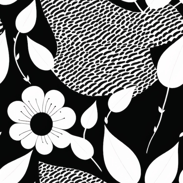 A black and white floral pattern with a leaf and a white flower.