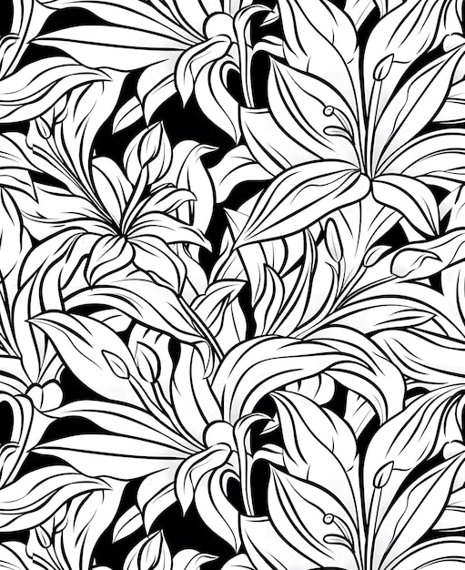 Photo black and white floral pattern with leaves and blossoming lilies