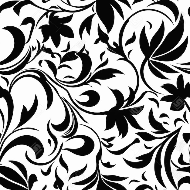 A black and white floral pattern with leaves and flowers generative ai