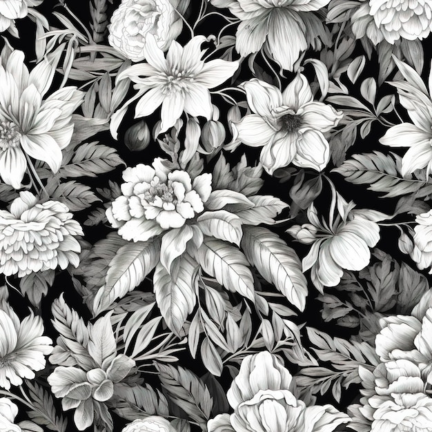 Black and white floral pattern with a lot of flowers.