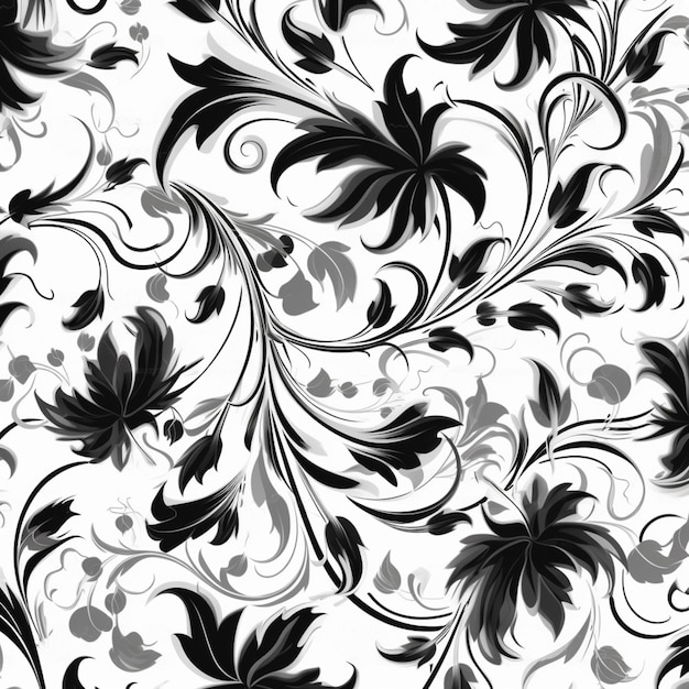 A black and white floral pattern with swirls and leaves generative ai