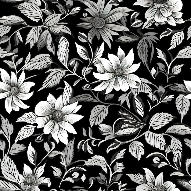 A black and white floral pattern with white flowers.