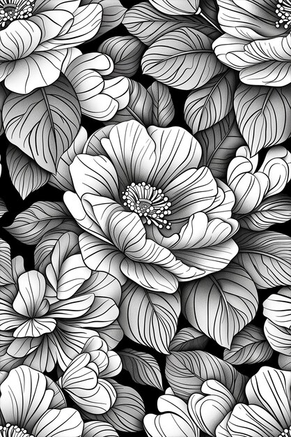 A black and white floral print with a black background