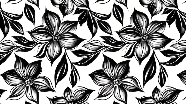 Photo black and white floral seamless pattern with large flowers and leaves