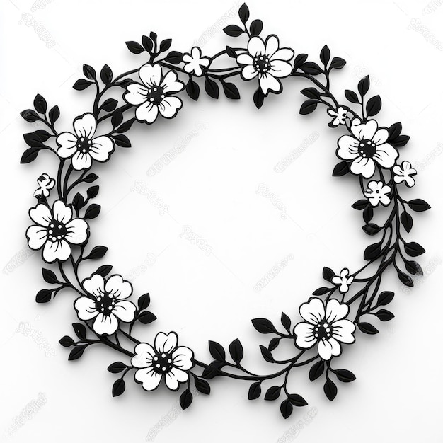 Black and White Floral Wreath with Copy Space