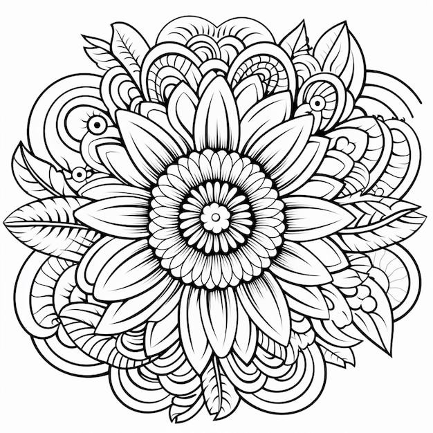 a black and white flower with leaves and swirls generative ai