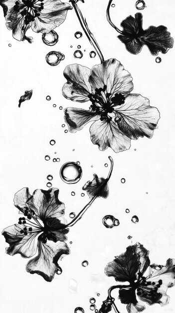 Photo black and white flowers in water with bubbles