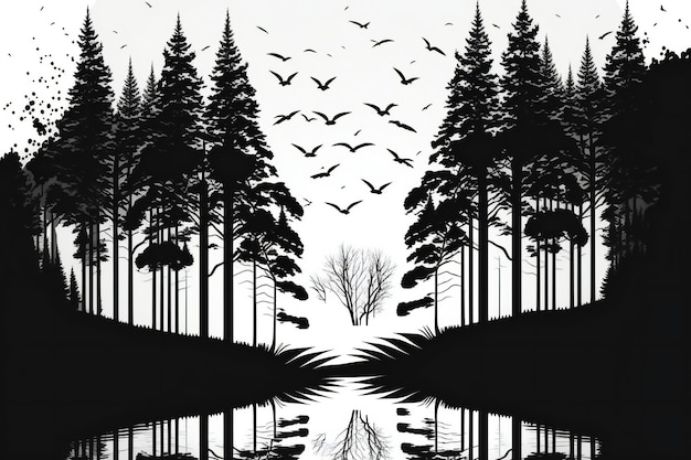 Black and white forest scene as illustration nature forests