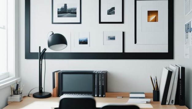 Photo a black and white gallery wall with a black lamp and framed art on the wall