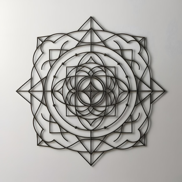 a black and white geometric design is on a gray wall