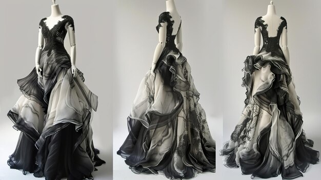 Photo a black and white gown with a flowing skirt and a fitted bodice shown from three angles on a mannequin