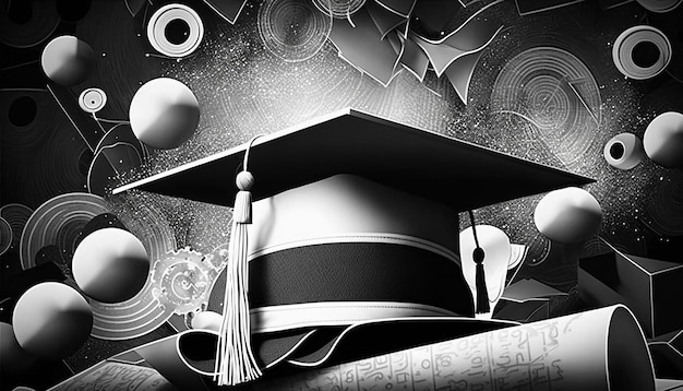 Black and White Graduation Background with Caps Generative AI