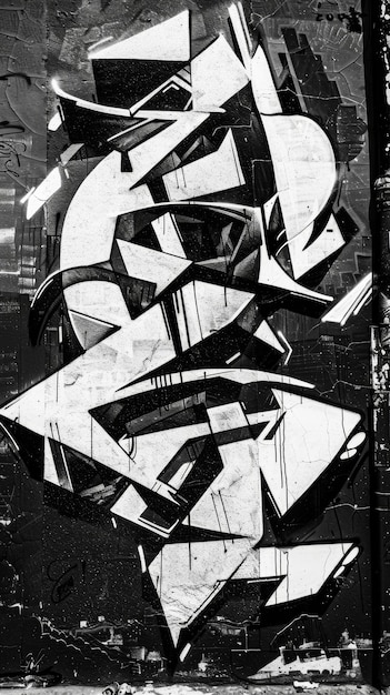 A black and white graffiti piece featuring distorted letters and shapes giving off a sense of