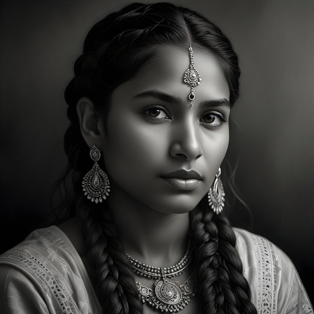 Photo black and white graphite drawing captures the essence of an indian woman her intricate braids