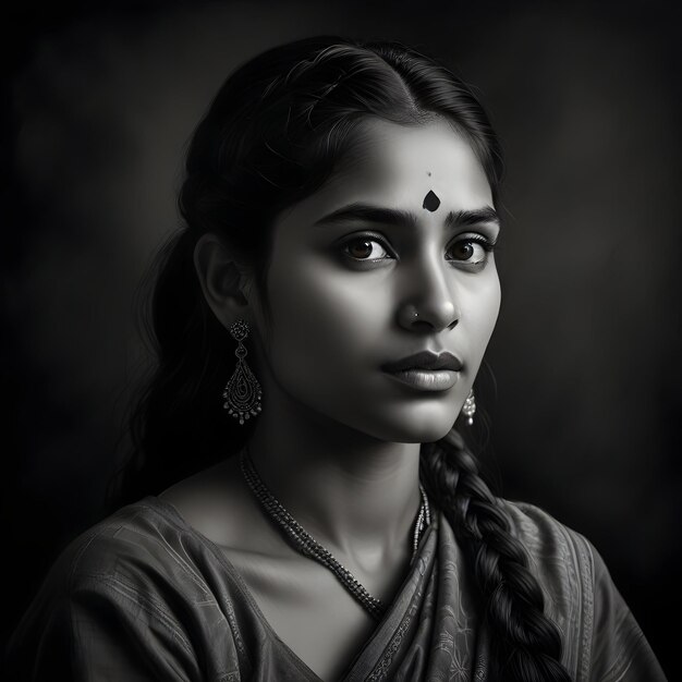 Photo black and white graphite drawing captures the essence of an indian woman her intricate braids