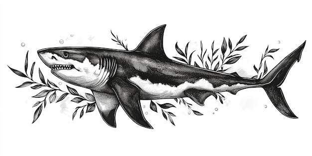 Black and White Great White Shark Illustration with Foliage Isolated Background