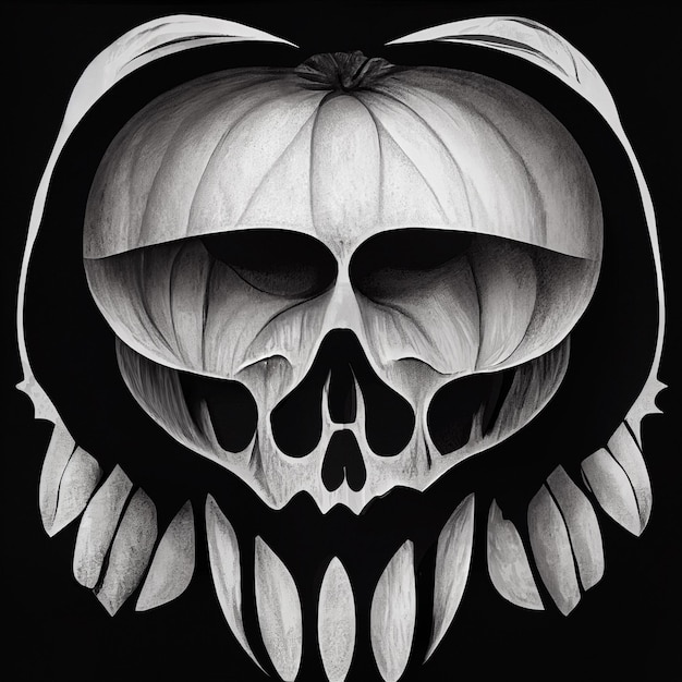 Black and white Halloween pumpkin skull background for invitation or party card design Creepy smile Horror background 3D illustration