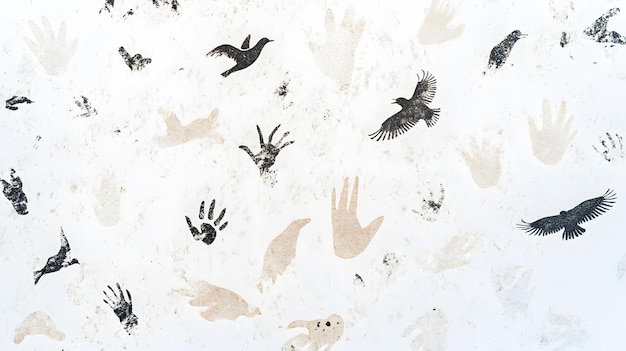 Black and White Hand and Bird Prints on a White Surface