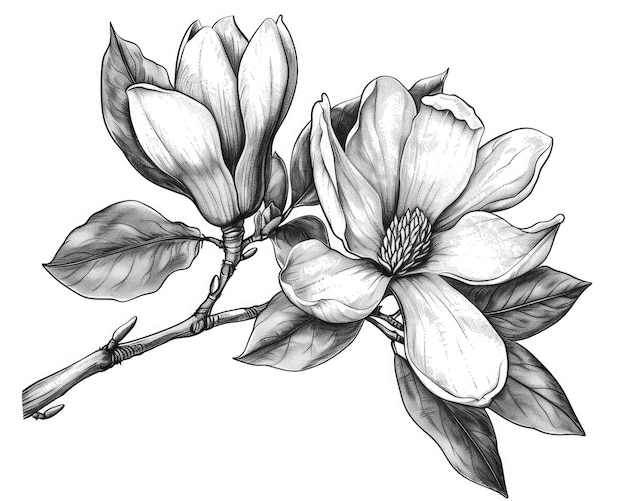 Photo black and white hand drawing beautiful floral magnolia illustration for vintage wedding invitations