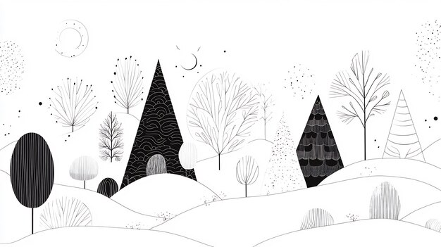 Photo black and white handdrawn illustration of a dreamlike forest landscape