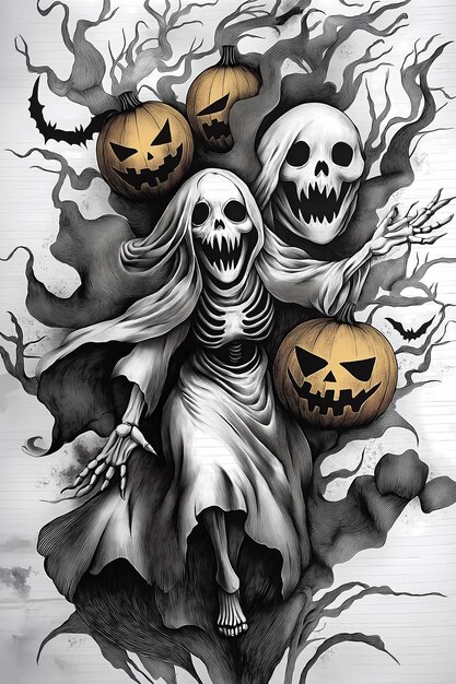 Black and white handpainted pumpkin fooling around zombies witch character pattern manuscript