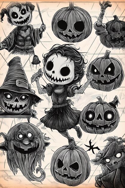 Black and white handpainted pumpkin fooling around zombies witch character pattern manuscript