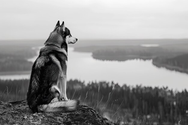 Photo black and white husky sitting on mountain with lakes and forests in background