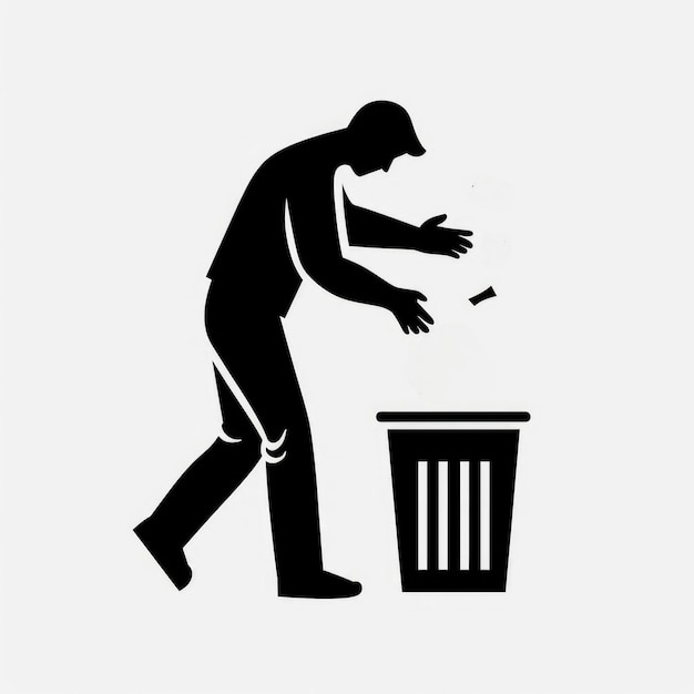 Black and white icon of a person throwing rubbish in a trash can AI generated Image