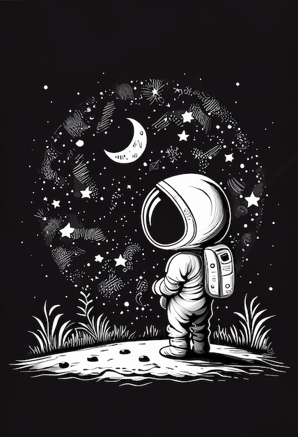 A black and white illustration of an astronaut looking at the moon.