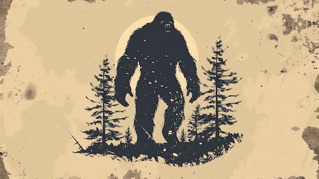 Photo a black and white illustration of bigfoot standing in a forest with a full moon behind him the background has a faded vintage texture