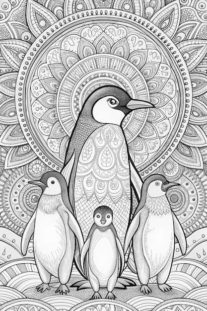 a black and white illustration of birds and a baby