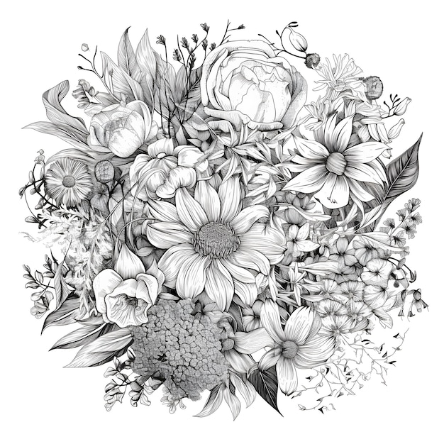 A black and white illustration of a bouquet of flowers.