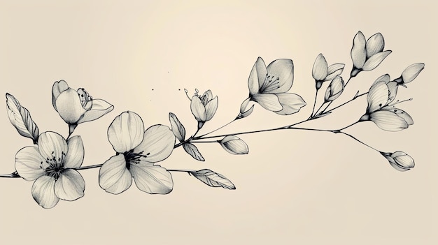 Black and White Illustration of a Branch of Blossoming Flowers