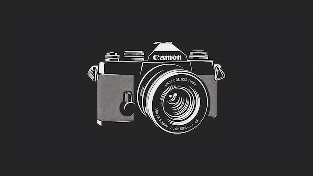 Black and white illustration of a Canon camera on a black background