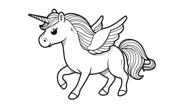 Photo black and white illustration of a cartoon unicorn with wings