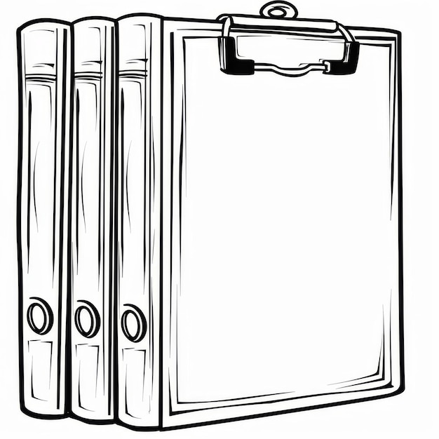 Black and white illustration of a clipboard accompanied by three ring binders ideal for office or schoolthemed designs