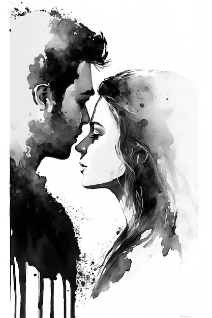 A black and white illustration of a couple kissing.