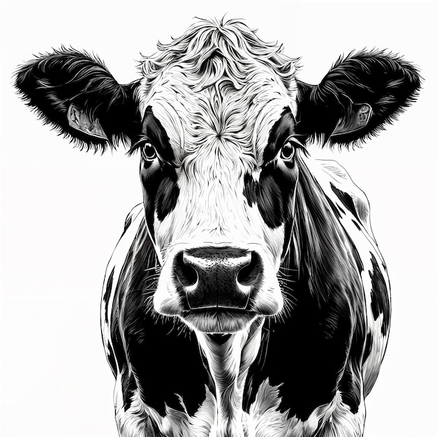 A black and white illustration of a cow with a prominent nose looking directly at the viewer