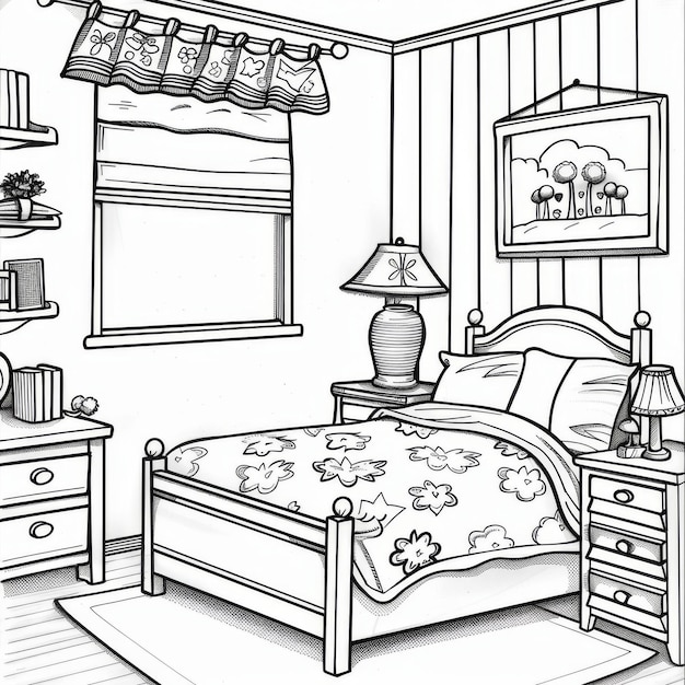 Black and white illustration of a cozy bedroom featuring a floral bedspread nightstands lamps and a picture on the wall