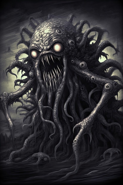 A black and white illustration of a creature with long tentacles