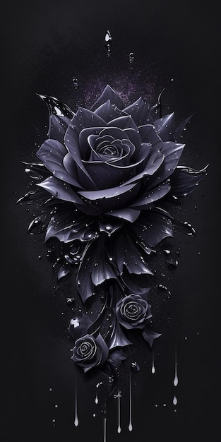 A black and white illustration of a dark purple rose with the words love on it