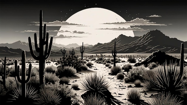 Photo a black and white illustration of a desert landscape with the sun behind it