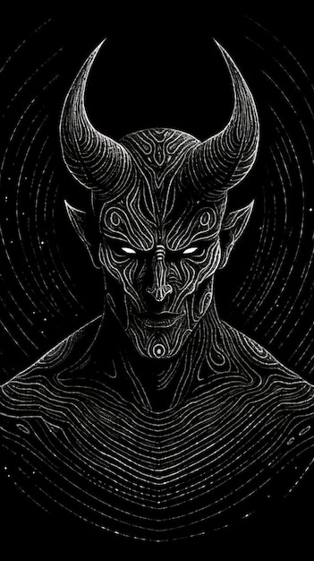 A black and white illustration of a devil with horns