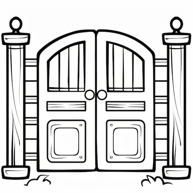 Photo black and white illustration of a double gate entrance suitable for coloring books or architectural designs